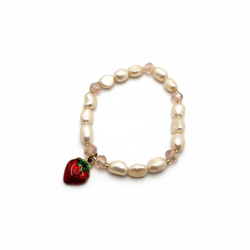 Elegant Pearl Bracelet with Red Strawberry Charm